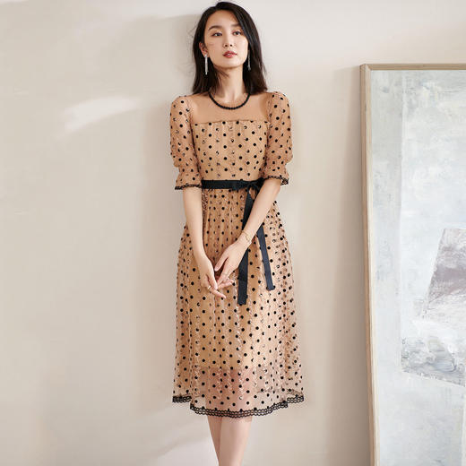 米思阳2024夏季新款减龄泡泡袖时尚设计中长款波点连衣裙0719 商品图0