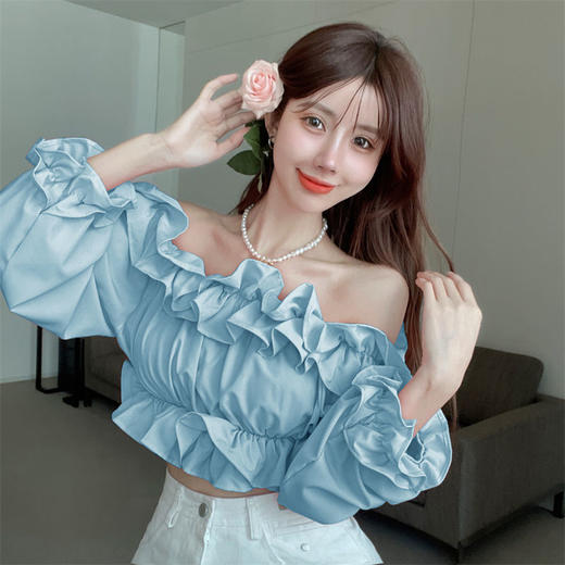 黛唯梵短款衬衫设计感小众2022夏新款纯欲荷叶边一字肩锁骨防晒上衣女潮国庆出游 商品图1