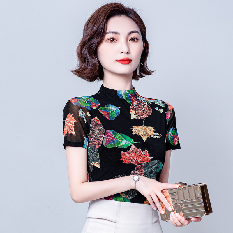 夏季半高领t恤女士别致短袖印花色时尚网纱打底衫MZ801422
