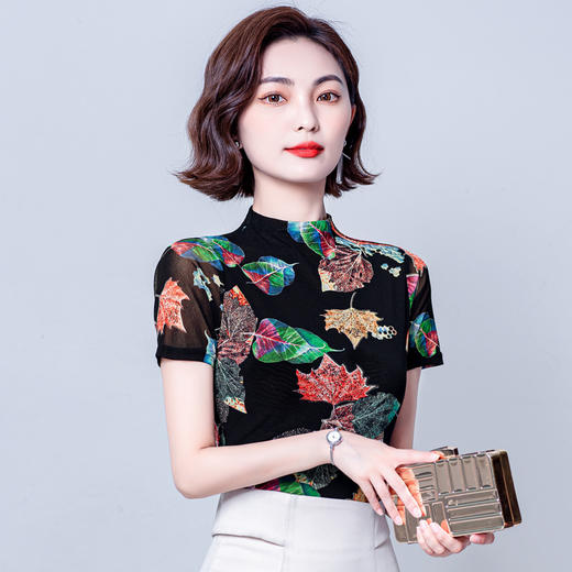 夏季半高领t恤女士别致短袖印花色时尚网纱打底衫MZ801422 商品图0