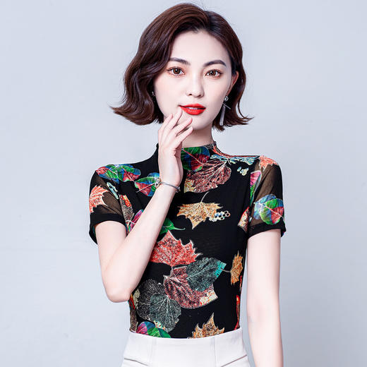 夏季半高领t恤女士别致短袖印花色时尚网纱打底衫MZ801422 商品图5