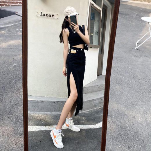 黛唯梵高腰开叉牛仔半身裙女夏季薄款a字显瘦中长款包臀2022新款长裙ins国庆出游 商品图4