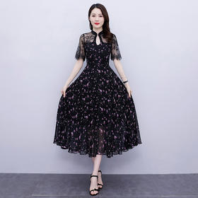 新款改良版气质蕾丝拼接雪纺收腰中长款连衣裙 HR-WS25569