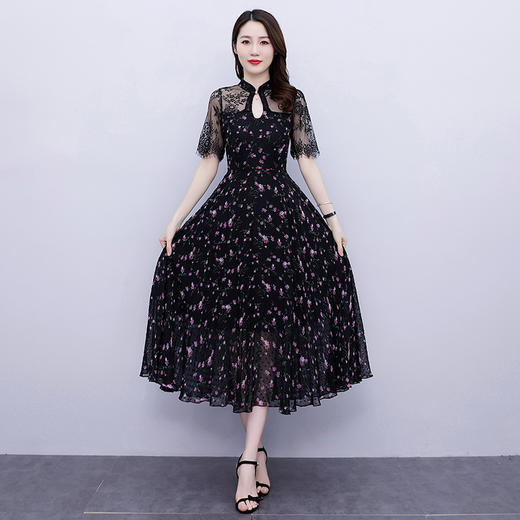 新款改良版气质蕾丝拼接雪纺收腰中长款连衣裙 HR-WS25569 商品图0