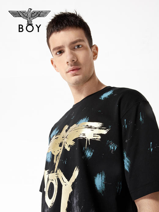 BOYLONDON短袖男女同款22春夏新品撞色蓝紫撞色涂鸦黑色T恤B221N01044 商品图2