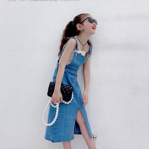 黛唯梵 女童夏装牛仔背带裙2022春夏季新款儿童中长款女宝吊带开叉连衣裙国庆出游 商品图7