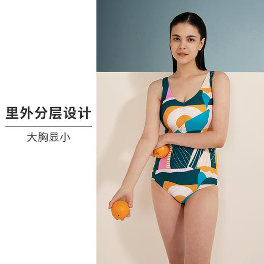 HSIA遐 印花连体泳衣女夏V形镂空性感美背显瘦防走光温泉度假泳装 商品图3