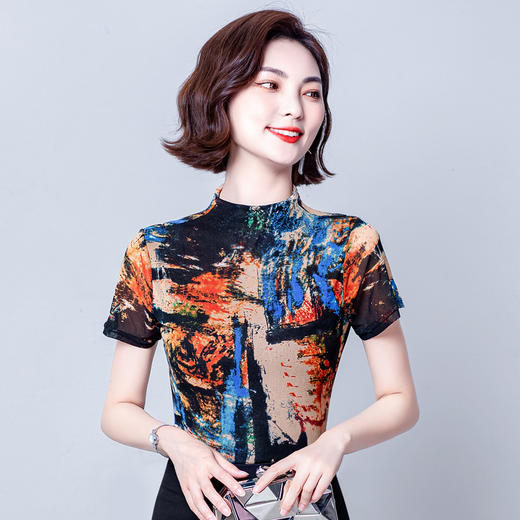 夏季半高领t恤女士别致短袖印花色时尚网纱打底衫MZ801422 商品图1