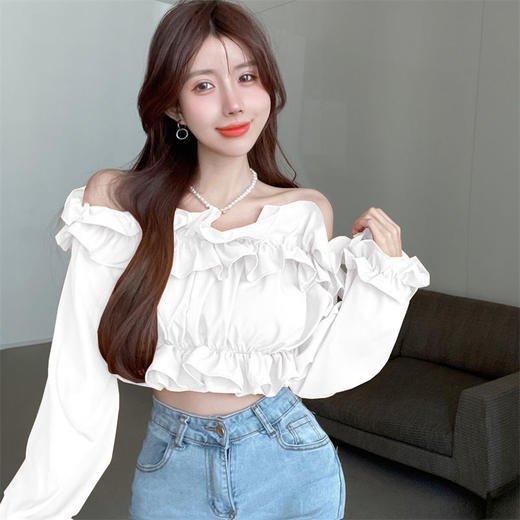 黛唯梵短款衬衫设计感小众2022夏新款纯欲荷叶边一字肩锁骨防晒上衣女潮国庆出游 商品图3
