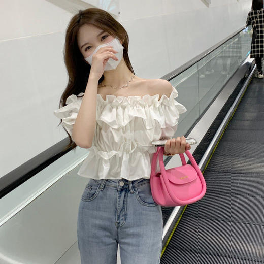黛唯梵甜辣妹一字肩短款上衣女夏季设计感别致衬衣2022新款白色短袖衬衫国庆出游 商品图2