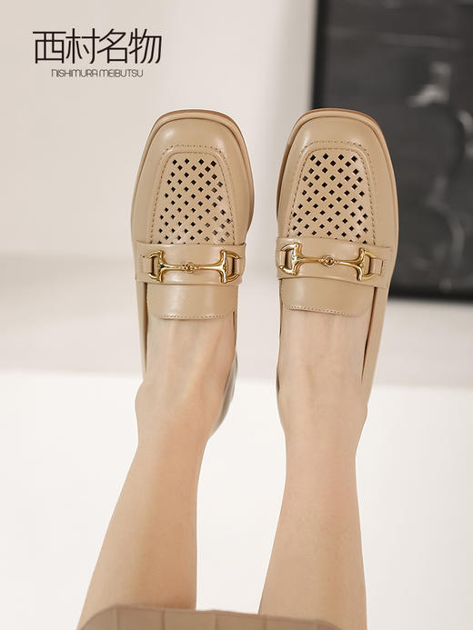 西村名物2022夏季新款浅口小白鞋女真皮休闲一脚蹬平底单鞋X22AH10081 商品图2