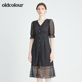oldcolour秋季商场同款V领气质短袖连衣裙N22101290
