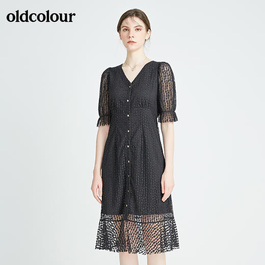 oldcolour秋季商场同款V领气质短袖连衣裙N22101290 商品图0