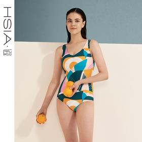 HSIA遐 印花连体泳衣女夏V形镂空性感美背显瘦防走光温泉度假泳装