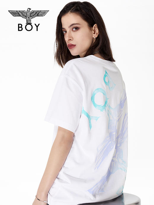 BOYLONDON短袖男女同款22春夏新品水彩老鹰印花休闲白色T恤B222N01050 商品图2