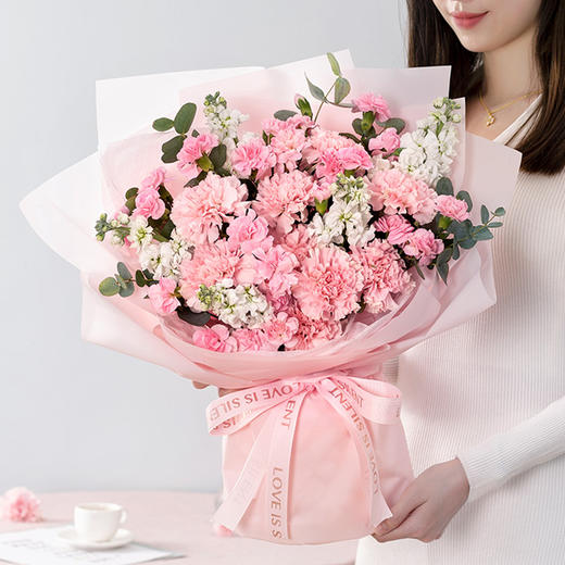 温柔时光9枝樱花粉色康乃馨搭配5枝多头康乃馨混搭精美花束送妈妈老师
