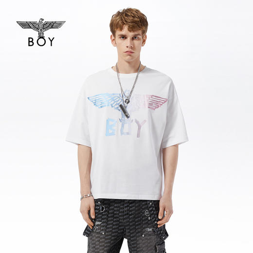 BOYLONDON短袖男女同款22春夏新品渐变LOGO印花休闲白色T恤B221N01007 商品图0