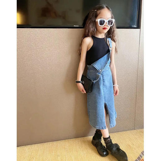 黛唯梵 女童夏装牛仔背带裙2022春夏季新款儿童中长款女宝吊带开叉连衣裙国庆出游 商品图6