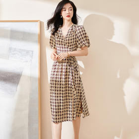 剩S/M/L/XL 米思阳2025夏季新款时尚气质印花连衣裙薄款灯笼袖V领中长裙1217