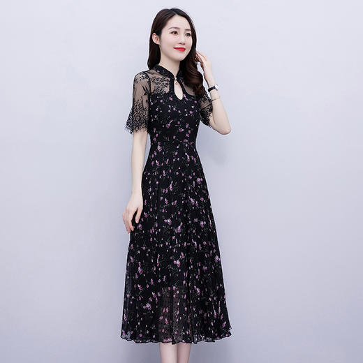 新款改良版气质蕾丝拼接雪纺收腰中长款连衣裙 HR-WS25569 商品图1