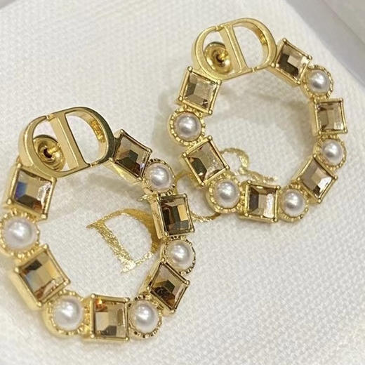 圆圈方钻珍珠耳环金色/浅蓝色 商品图0