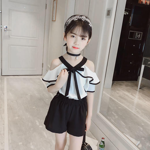 黛唯梵 女童夏款套装2022新款儿童夏季吊带露肩上衣韩版小女孩短裤两件套国庆出游 商品图4