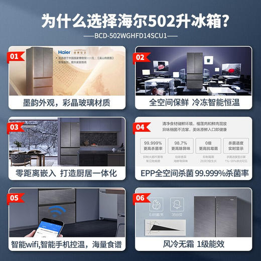 【旗舰新品-国潮·墨韵系列】海尔冰箱502升四开门超薄风冷无霜一级能效变频全嵌入式平隐式冰箱 502升零嵌入BCD-502WGHFD14SCU1 商品图1