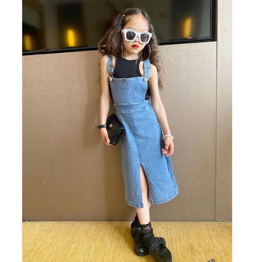 黛唯梵 女童夏装牛仔背带裙2022春夏季新款儿童中长款女宝吊带开叉连衣裙国庆出游 商品图3