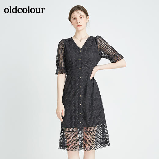 oldcolour秋季商场同款V领气质短袖连衣裙N22101290 商品图1