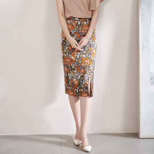 米思阳2026春季新款优雅气质碎花中长半身裙修身侧开叉一步裙0682 商品图2