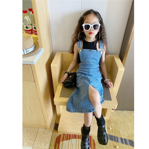 黛唯梵 女童夏装牛仔背带裙2022春夏季新款儿童中长款女宝吊带开叉连衣裙国庆出游 商品图0