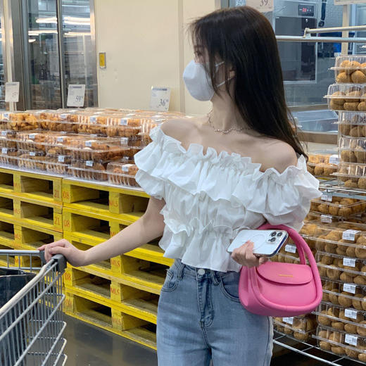 黛唯梵甜辣妹一字肩短款上衣女夏季设计感别致衬衣2022新款白色短袖衬衫国庆出游 商品图1