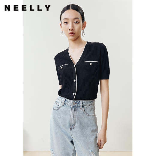 NEELLY纳俪商场同款撞色短袖小香风针织衫女气质V领修身上衣夏季N22041A01001 商品图3