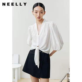 NEELLY纳俪商场同款气质立领白色衬衫女泡泡袖轻薄上衣系带下摆N22041B01007