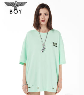 BOYLONDON短袖男女同款22春夏新品抹茶绿圆领休闲破洞T恤B221N01034