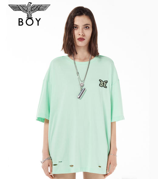BOYLONDON短袖男女同款22春夏新品抹茶绿圆领休闲破洞T恤B221N01034 商品图0