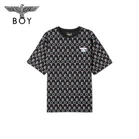 BOYLONDON短袖男女同款22夏季新品水彩感老鹰满印黑色T恤B222N01058