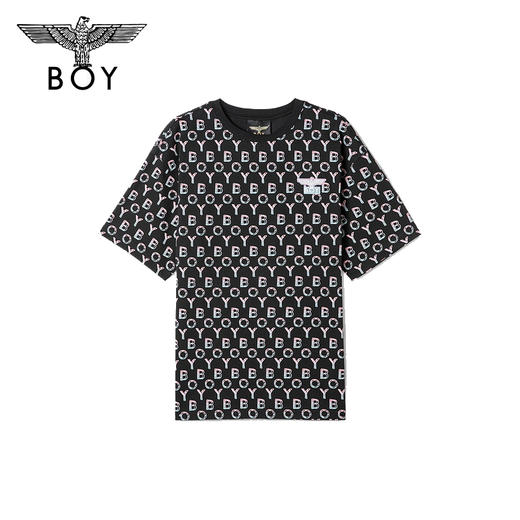 BOYLONDON短袖男女同款22夏季新品水彩感老鹰满印黑色T恤B222N01058 商品图0
