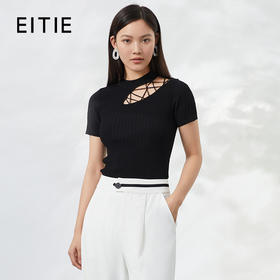 EITIE爱特爱夏季新款时尚显瘦绑带设计镂空针织T恤黑色上衣B2201906