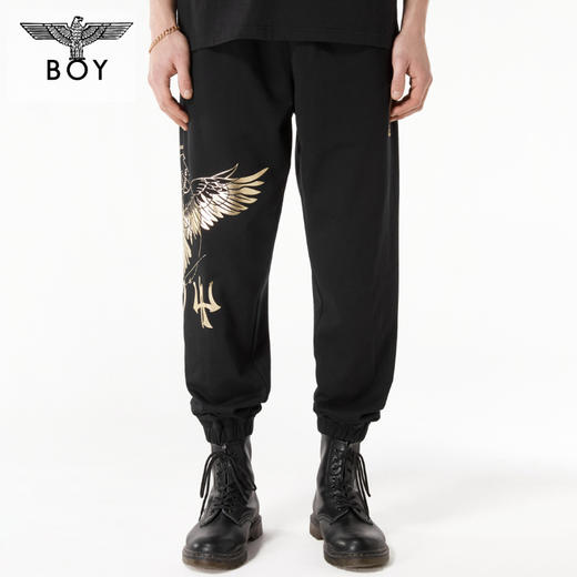 BOYLONDON长裤男女同款22春夏新品烫金休闲老鹰束脚卫裤B221N15014 商品图0