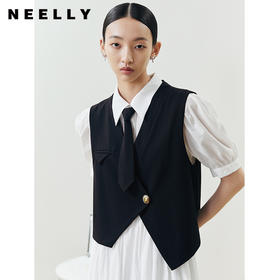 NEELLY纳俪假两件连衣裙女可脱卸领带衬衫式A字裙泡泡袖中长款N22041Y01018