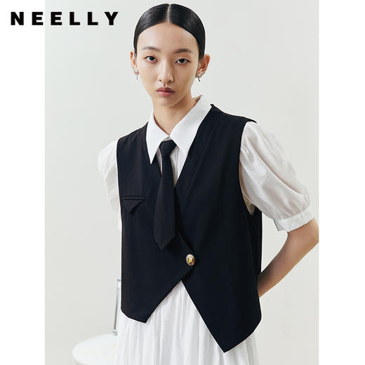 NEELLY纳俪假两件连衣裙女可脱卸领带衬衫式A字裙泡泡袖中长款N22041Y01018 商品图0