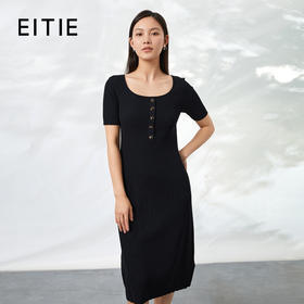 EITIE爱特爱夏季新款修身显瘦通勤百搭高腰a字黑色针织连衣裙B2201908