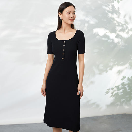EITIE爱特爱夏季新款修身显瘦通勤百搭高腰a字黑色针织连衣裙B2201908 商品图2