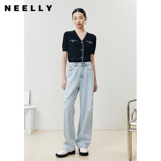 NEELLY纳俪商场同款撞色短袖小香风针织衫女气质V领修身上衣夏季N22041A01001 商品图2