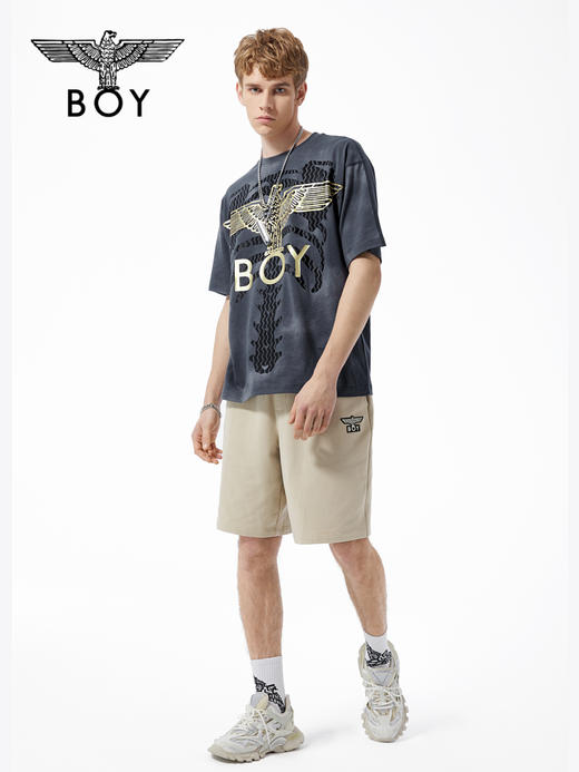 BOYLONDON短袖男女同款22春夏新品烫金LOGO水波纹分割感T恤B221N01032 商品图3