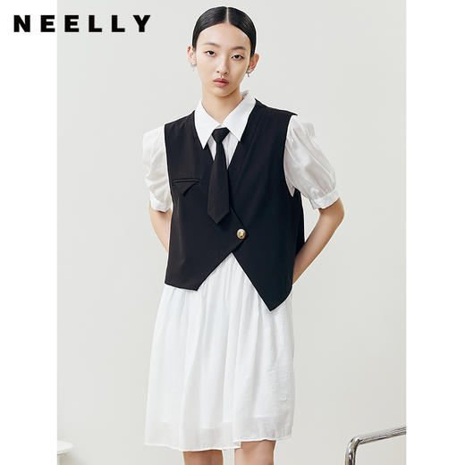 NEELLY纳俪假两件连衣裙女可脱卸领带衬衫式A字裙泡泡袖中长款N22041Y01018 商品图3