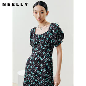 NEELLY纳俪商场同款法式满印连衣裙女方领泡泡袖收腰A字裙中长款