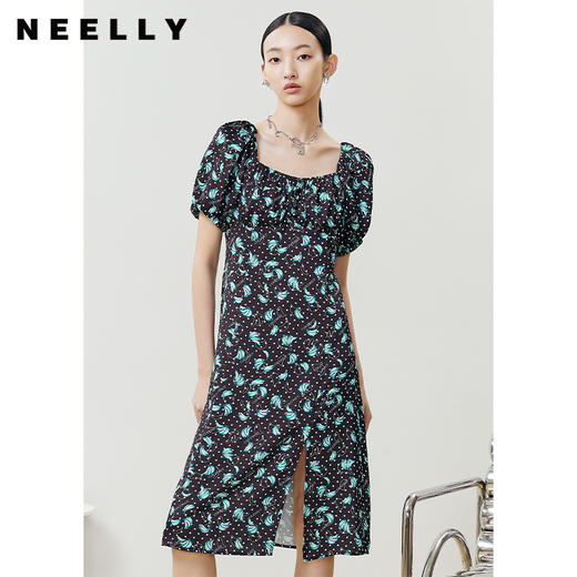 NEELLY纳俪商场同款法式满印连衣裙女方领泡泡袖收腰A字裙中长款 商品图3