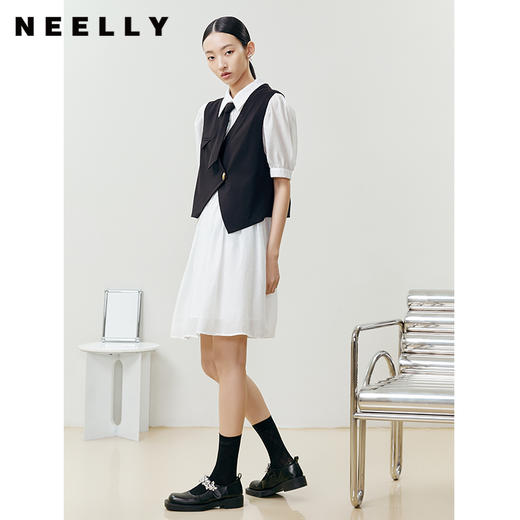 NEELLY纳俪假两件连衣裙女可脱卸领带衬衫式A字裙泡泡袖中长款N22041Y01018 商品图2